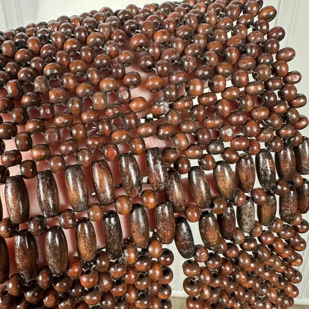 Vintage Brown Wooden Bead Wide Tie Belt Woven Boho Hippie Adjustable Waist